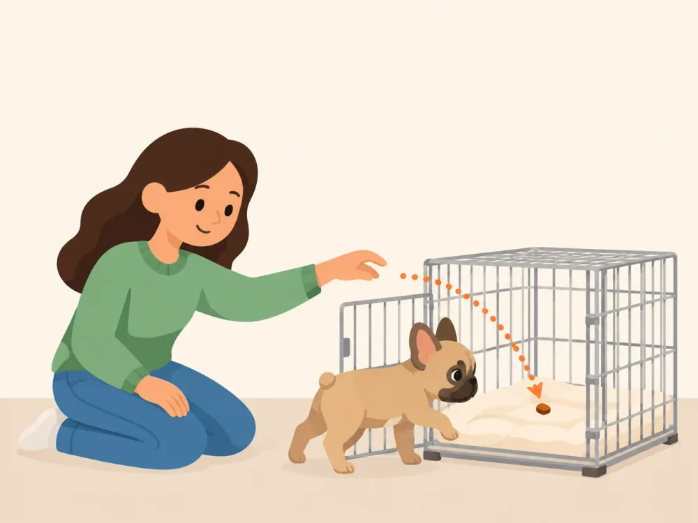 A puppy resting calmly in an open crate